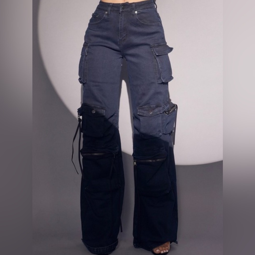 Dark Blue Flare Cargo Jeans
